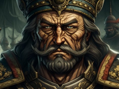 Regal Warrior King with Ornate Armor and Crown