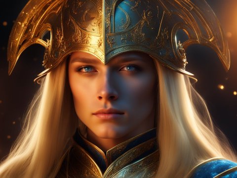 Regal Warrior with Ornate Golden Helmet