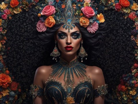 Regal Woman Adorned with Floral Crown and Ornate Jewelry