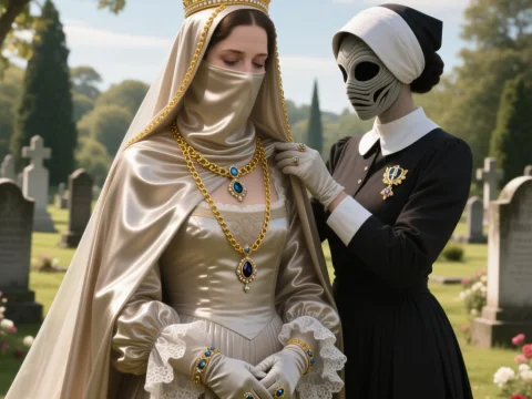 Regal Woman and Mysterious Masked Attendant in a Cemetery