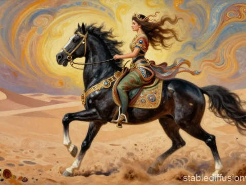 Regal Woman Galloping on Black Horse in Desert