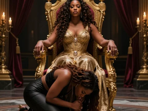 Regal Woman in Gold Gown on Ornate Throne