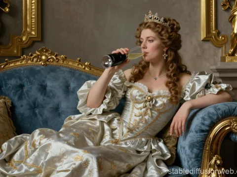 Regal Woman in Ornate Gown Sipping Champagne