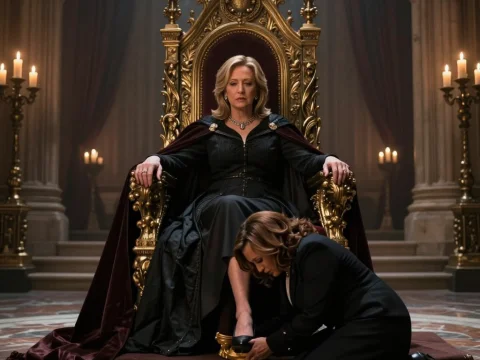 Regal Woman on Ornate Throne with Attendant Kneeling