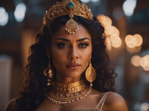 Regal Woman Wearing Ornate Gold Jewelry and Crown