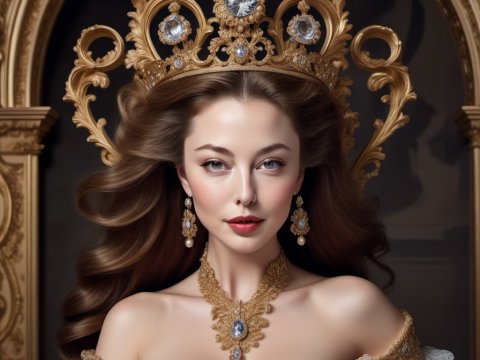Regal Woman Wearing Ornate Golden Crown and Jewelry