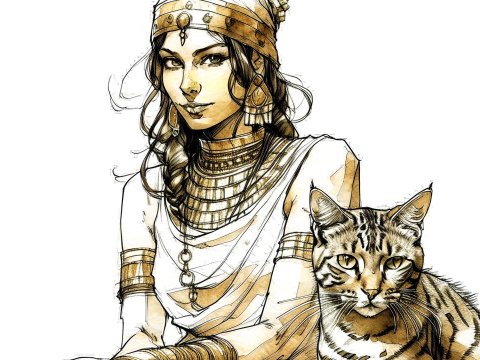 Regal Woman with Cat in Detailed Line Art