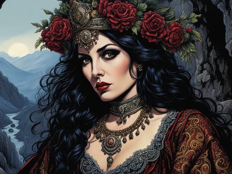 Regal Woman with Floral Crown in Mountainous Landscape