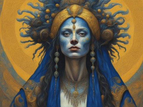 Regal Woman with Ornate Blue and Gold Headdress