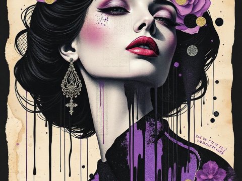 Regal Woman with Purple Roses and Dripping Paint