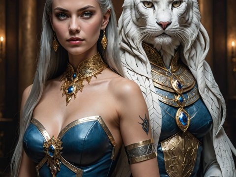 Regal Woman with White Tiger Guardian in Ornate Armor