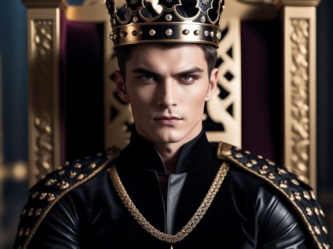 Regal Young King in Ornate Crown and Throne