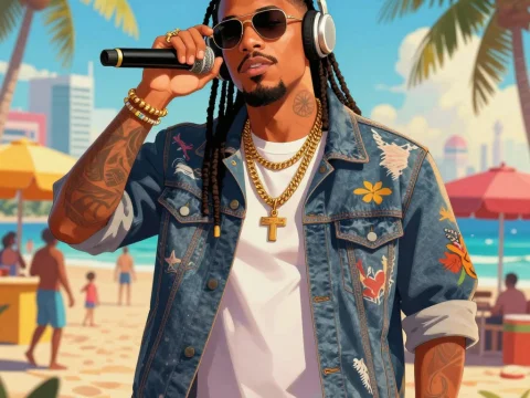 Reggaeton Artist Performing on a Sunny Beach