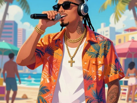 Reggaeton Artist Singing on a Sunny Beach