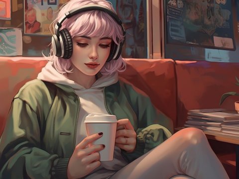 Relaxed Woman Enjoying Coffee with Headphones in Cozy Cafe