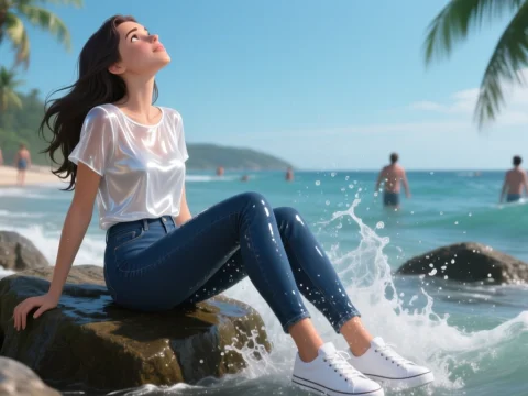 Relaxed Woman Sitting on Rock by the Ocean