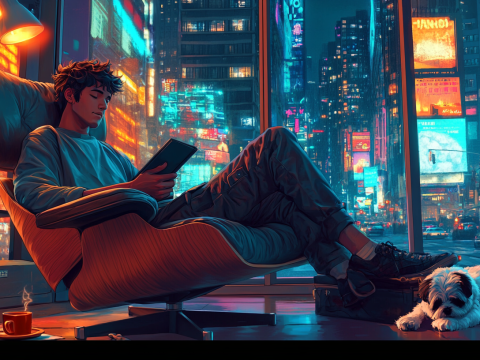 Relaxed Young Man Reading in Futuristic City Apartment