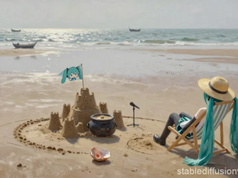Relaxing Beach Scene with Sandcastle and Anime Character