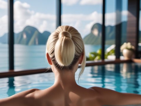 Relaxing Woman in Infinity Pool with Scenic Mountain View