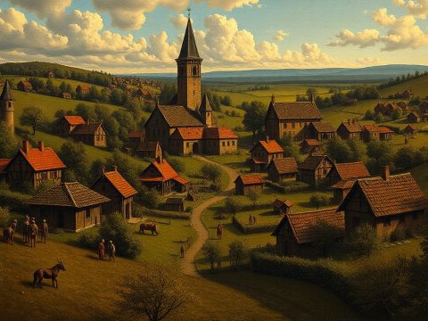 Renaissance Oil Painting of a Serene Village Landscape