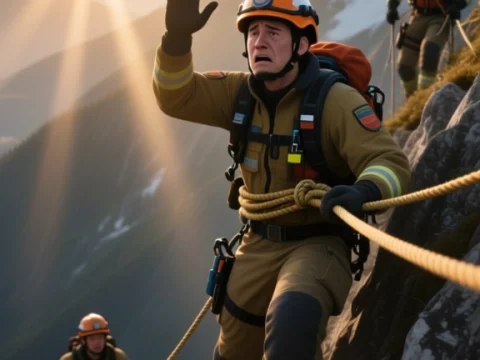 Rescue Team Climbing Mountain at Sunrise