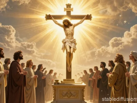 Resurrected Christ on the Cross with Disciples