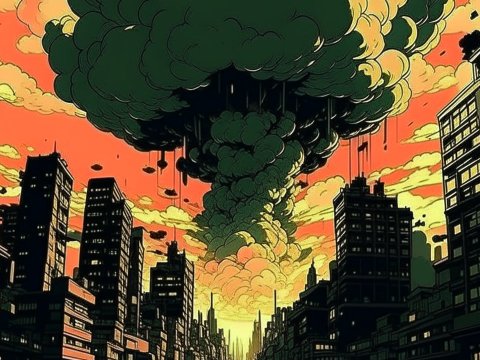 Retro Anime Cityscape with Explosive Mushroom Cloud