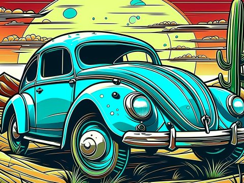 Retro Blue Beetle in Desert Sunset