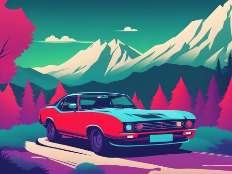 Retro Car Driving Through Vibrant Mountain Landscape
