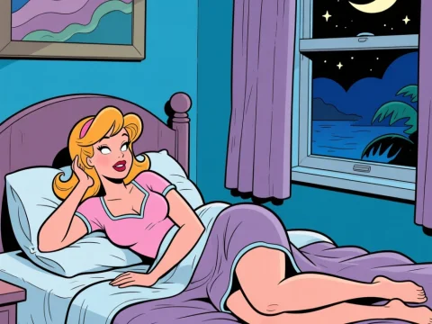 Retro Cartoon Woman Relaxing on Bed at Night