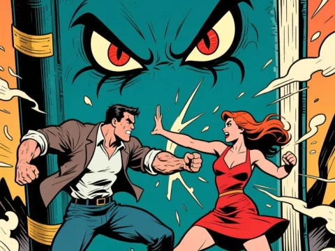 Retro Comic Style Battle Before a Giant Evil Book