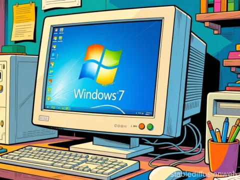 Retro Computer Setup with Windows 7 in Cartoon Style