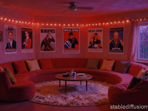 Retro Cozy Conversation Pit with Warm Lighting