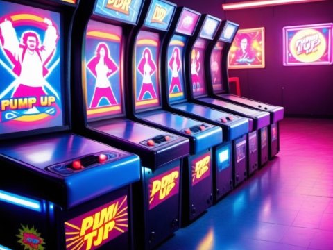 Retro Dance Dance Revolution Arcade Machines in Neon Room