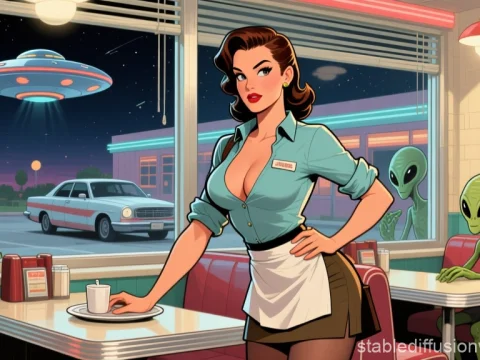 Retro Diner Scene with Pinup Waitress and Friendly Aliens