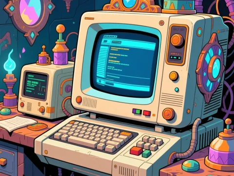 Retro Fantasy Computer Setup with Magical Elements