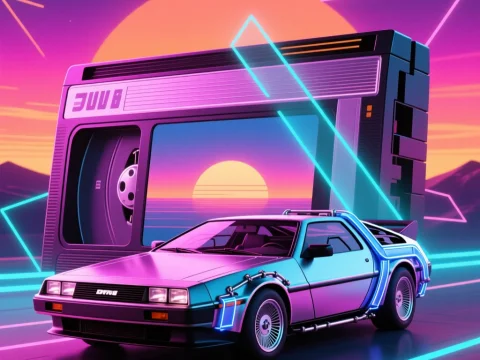 Retro Futuristic Car with VHS Sunset Landscape