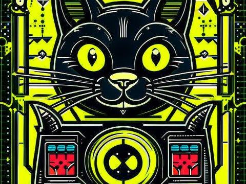 Retro Futuristic Cat Logo with Neon Circuit Design