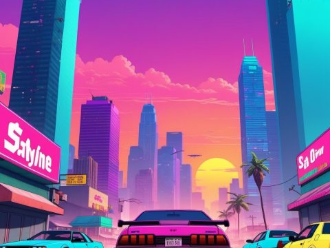 Retro Futuristic City Sunset with Neon Sports Cars