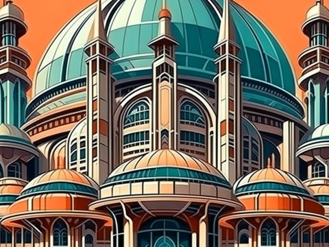Retro-futuristic Dome Architecture with Vibrant Orange Sky