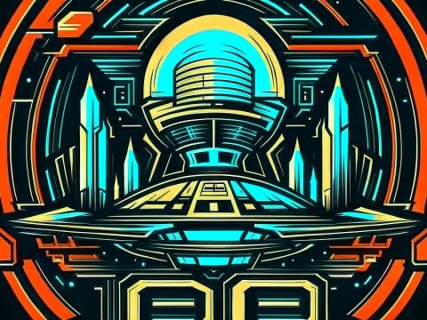 Retro Futuristic Logo with Neon Blue and Orange Accents