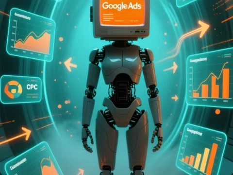 Retro Futuristic Robot Analyzing Google Ads Data