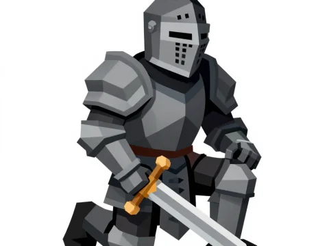 Retro Low Poly Knight in Armor Kneeling with Sword