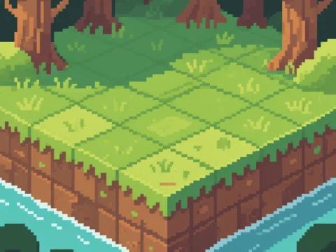 Retro Pixel Art Forest Tile with Grass and Trees