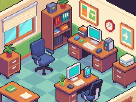 Retro Pixel Art Office Interior