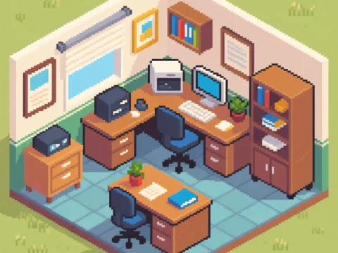 Retro Pixel Art Office Interior