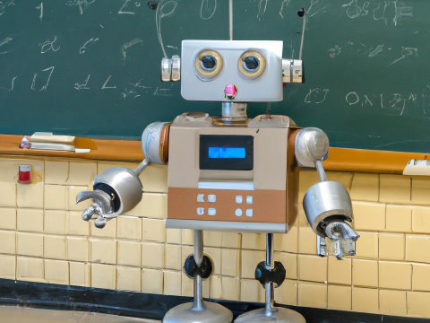 Retro Robot Standing in Classroom with Chalkboard