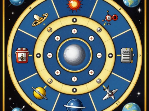 Retro Space-Themed Board Game Map with Planets and Spacecraft