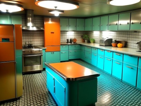 Retro Style Kitchen with Vibrant Orange and Turquoise Cabinets