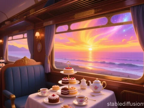 Retro Train Cabin with Elegant Tea Setup at Sunset